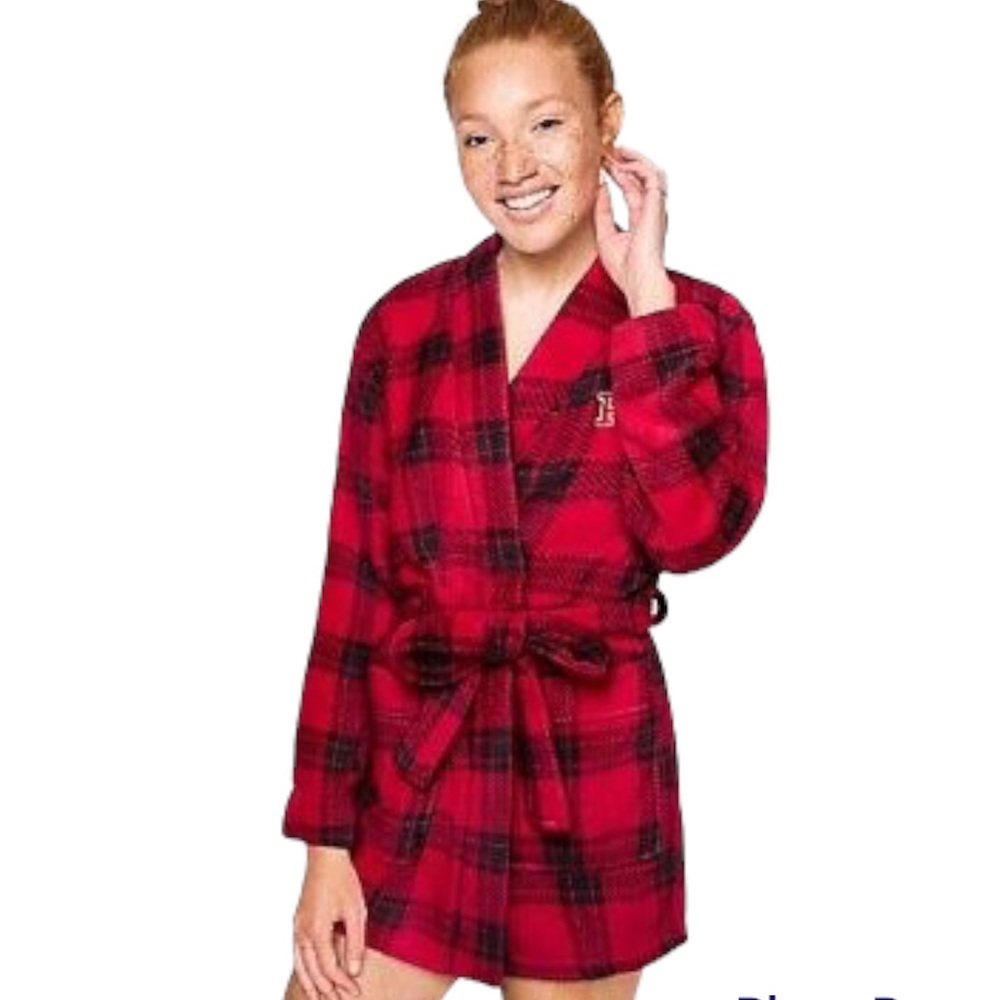 Victoria’s Secret Cozy Sherpa Robe Pink Buffalo Plaid Tie Robe In Red
